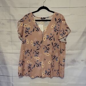 BloomChic Floral V-Neck Blouse - Tan and Blue